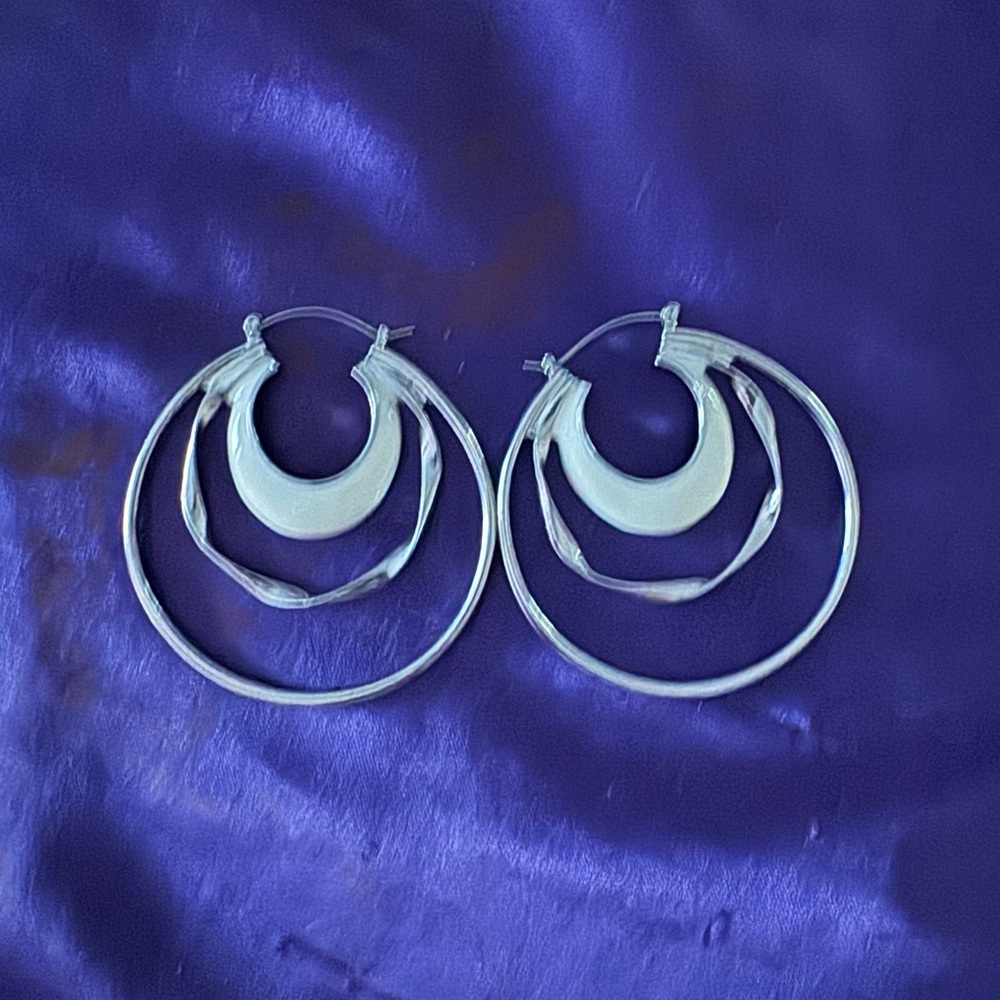Silver and White Enamel Hoop‎ Earrings
